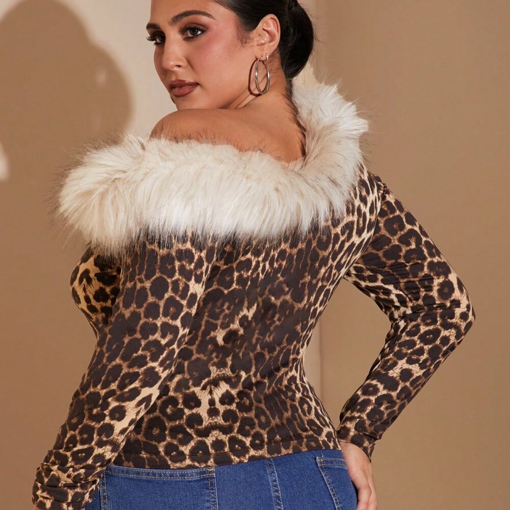 Women's Plus Size Faux fur Asymmetrical Shoulder Long Sleeve Top - Picture 5 of 6